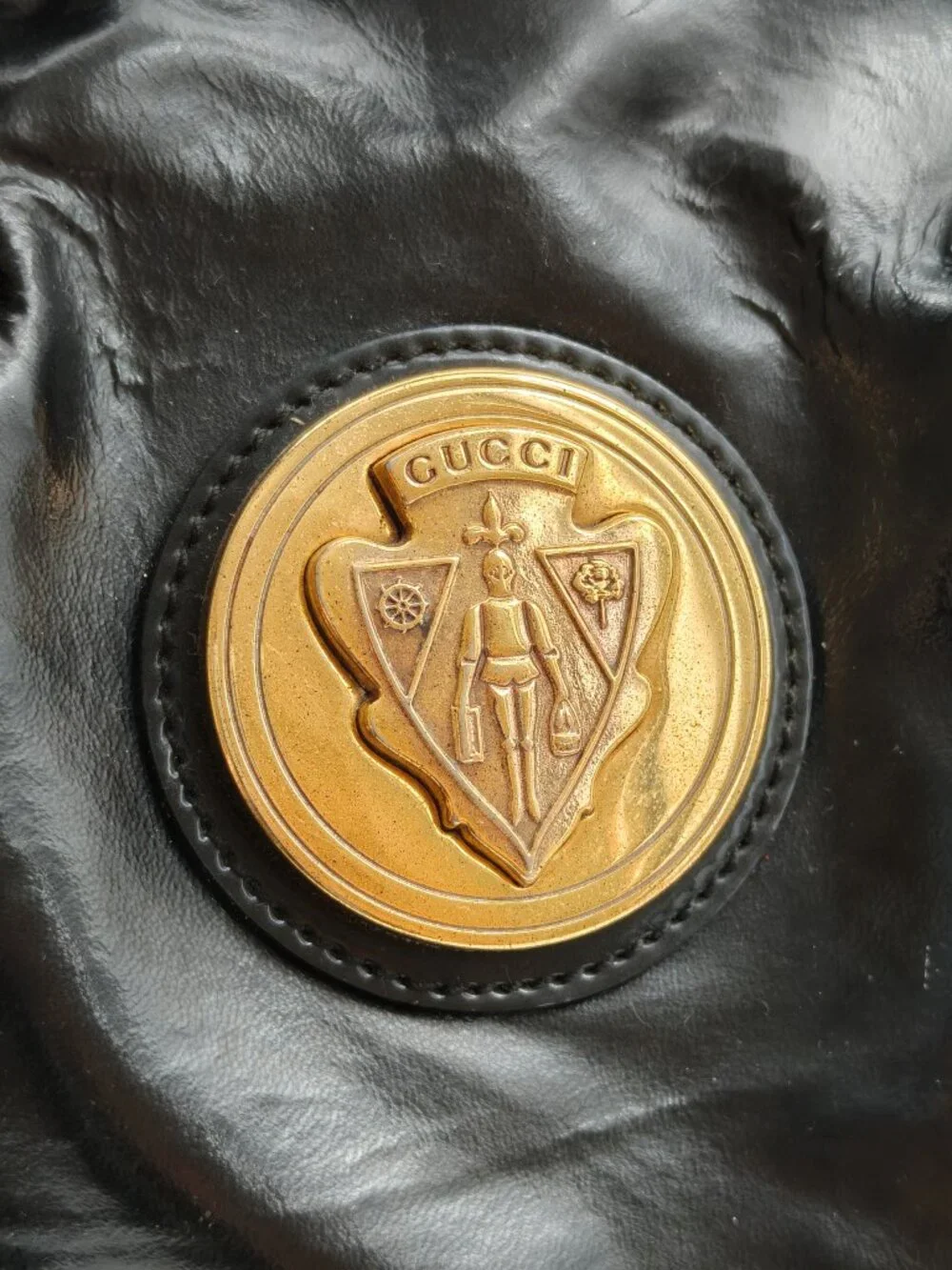 Gucci Hysteria Black Patent Leather Top Handle Bag Gold Crest Medallion
